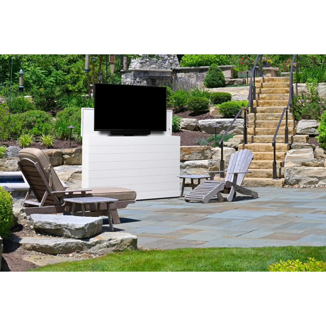 1 unit of Outdoor Large Shiplap TV Lift Cabinets for TVs - White - MSRP $9,300 - Like New (Lot # 1012117)