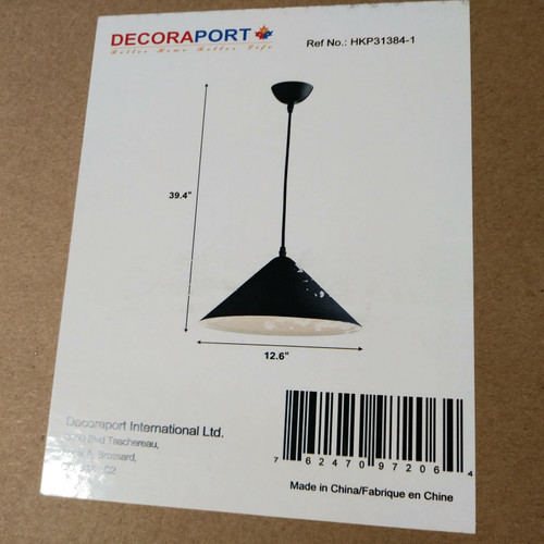 1 Unit of 1-Light Black Metal Modern Pendant Light (Hkp31384-1) - MSRP 130$ - Brand New (Lot # CP567671)