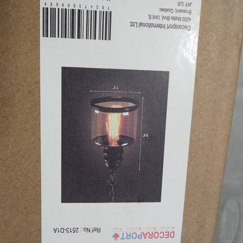 1 Unit of 	Iron Built Matte Black Vintage Pendant Light with Glass Shade (DK-2513-D1A) - MSRP 121$ - Brand New (Lot # CP567691)