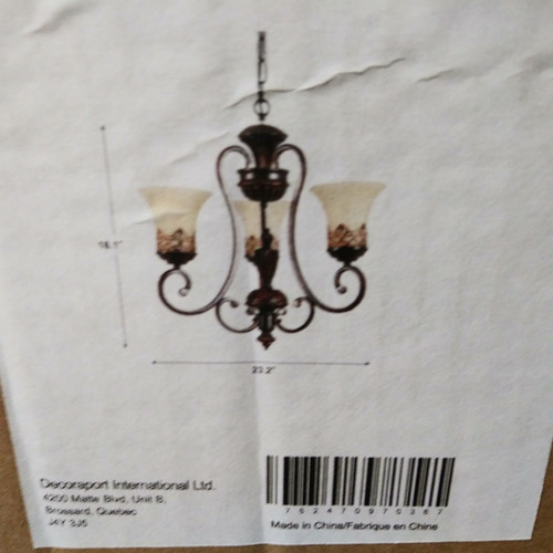 1 Unit of 3-Light Black Wrought Iron Chandelier with Glass Shades (DK-6318-3S)	 - MSRP 243$ - Brand New (Lot # CP567706)
