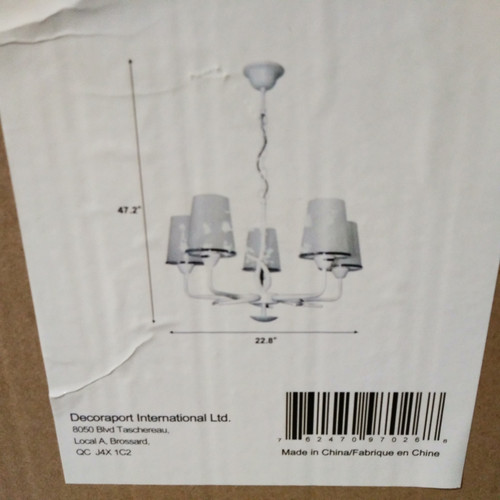 1 Unit of 5-Light White Iron Modern Chandelier with Glass Shades (KD1202-5)	 - MSRP 234$ - Brand New (Lot # CP567708)