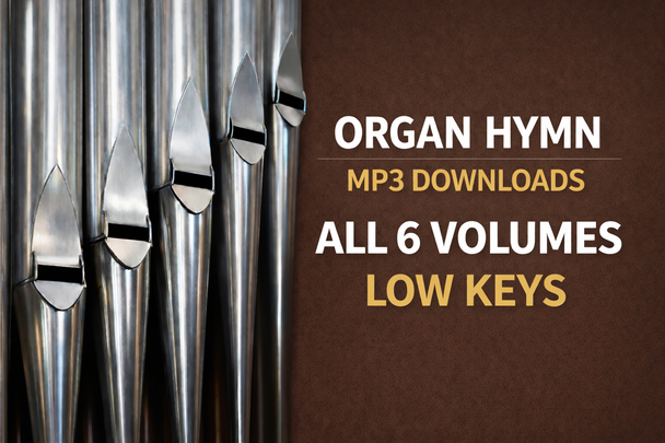 Complete collection of 150 pipe organ hymn accompaniment tracks in Lower Transposed keys for seniors, Volumes 1 through 6, digital MP3 download.
