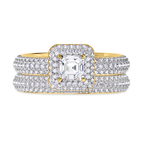 Photo of Shot Diva Collection Victorious 4 1/10 ct tw. Lab Grown Asscher Solitaire Diamond Bridal Ring Set 14K Yellow Gold [BR5903Y-Y095]