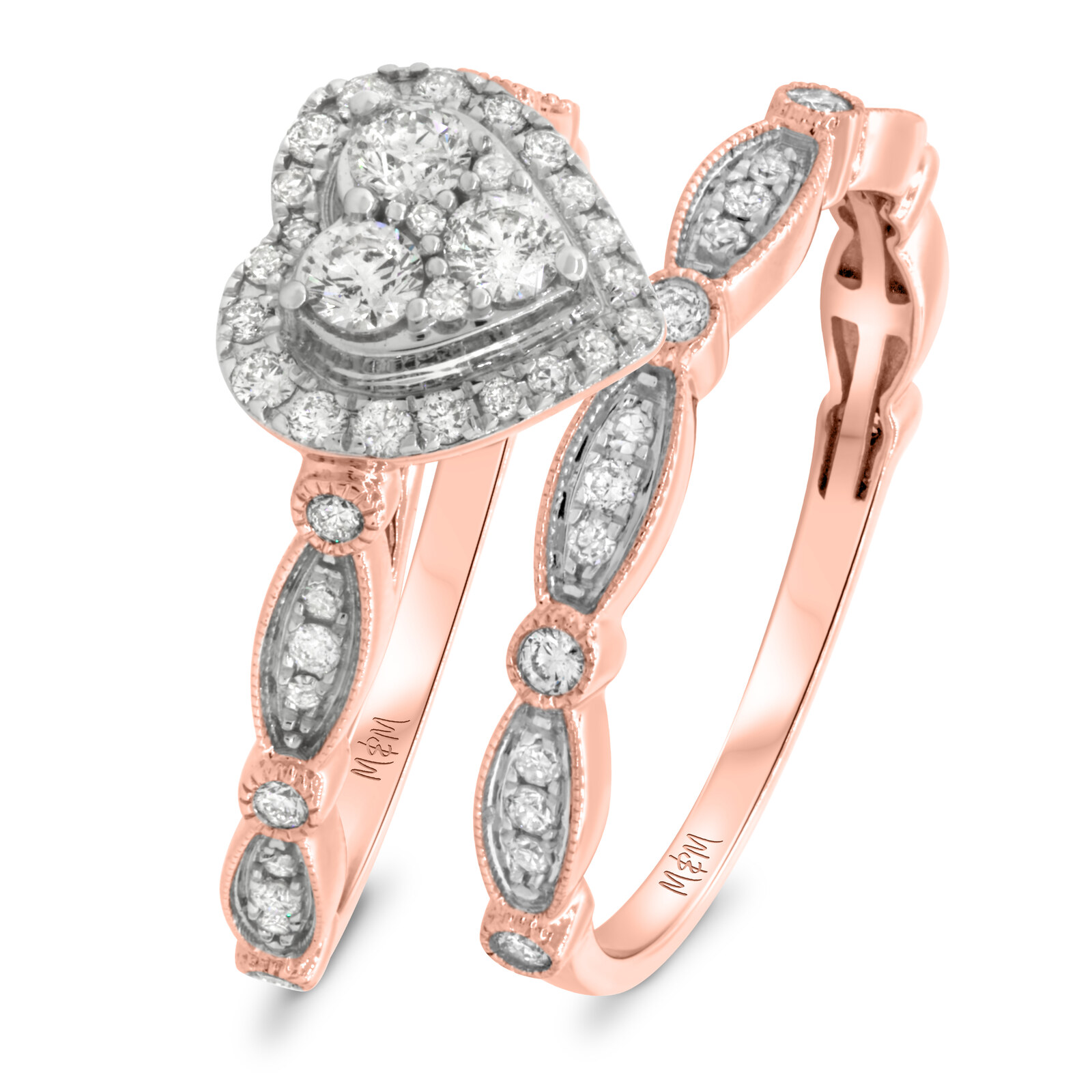 ★LOVE ME MONSTER★Tiny Rosegold Surgical Rings [4 Set] Sisu 1 ct tw. Lab Grown Heart Cluster Bridal Set 14K Rose