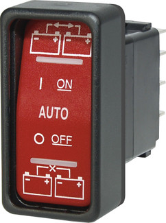 Blue Sea Multi Purpose Switch 2146-BSS For Use With ML Series Automatic Charging Relays; ON-OFF-ON Switch Action; Single Pole Double Throw; Non-Lighted; Black With Red Actuator