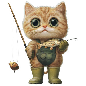 Fishing Cat Caricature Vinyl Car Decal Sticker – Waterproof & UV-Resistant 8"