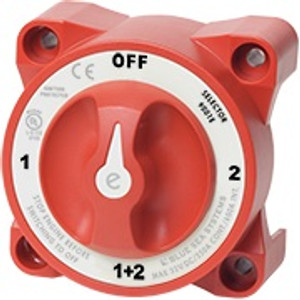 Blue Sea Battery Selector Switch | E-Series | 4 Position for 2 Batteries | 32V DC, 600A Intermittent, 350A Continuous Rating Blue Sea Battery Selector Switch | E-Series | 4 Position for 2 Batteries | 32V DC, 600A Intermittent, 350A Continuous Rating