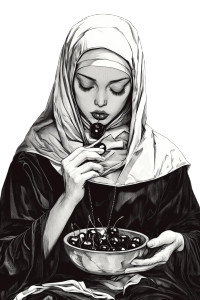 Stern Nun Eating Cherries Vinyl Car Decal Sticker – Waterproof & UV-Resistant 8"