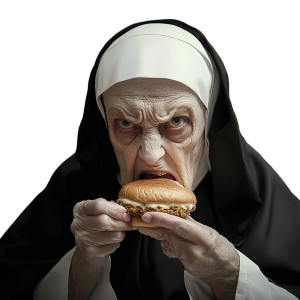 Angry Nun Eating Vinyl Car Decal Sticker – Waterproof & UV-Resistant 8"