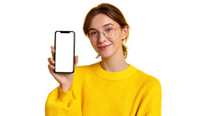 Happy Young Presenting Phone Vinyl Car Decal Sticker – Waterproof & UV-Resistant 8"