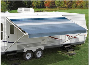 Carefree RV Awning | Fiesta Patio Awning | 20ft x 8ft | Spring Assisted | Sturdy Vinyl Canopy | Black/ Gray Stripe | RV Remote Lock | Wrinkle-Free | Adjustable Pitch