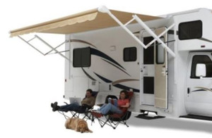 Carefree RV Awning | Springless 19x8 ft | Black/Gray Dune Stripe | Worm-Gear Motor | Adjustable Pitch