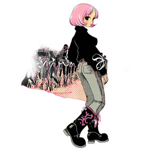 Pink-Haired Girl With Robots Vinyl Car Decal Sticker – Waterproof & UV-Resistant 8"