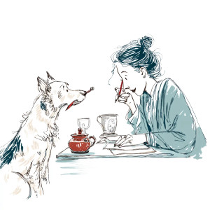 Woman And Dog Writing Vinyl Car Decal Sticker – Waterproof & UV-Resistant 8"