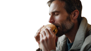 Man Enjoying Hamburger Vinyl Car Decal Sticker – Waterproof & UV-Resistant 8"