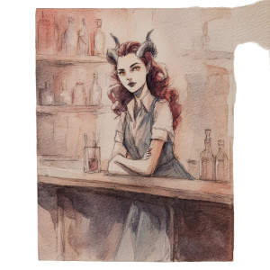 Confident Tiefling Bartender Vinyl Car Decal Sticker – Waterproof & UV-Resistant 8"