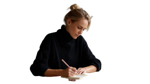 Blond Woman Writing Vinyl Car Decal Sticker – Waterproof & UV-Resistant 8"