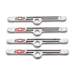 Official Chevy Logo Valve Cover Hold Down Tabs | Steel Chrome Finish | Set Of 4