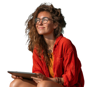 Happy Woman With Ipad Vinyl Car Decal Sticker – Waterproof & UV-Resistant 8"