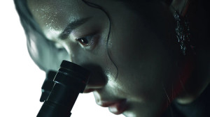 Female Scientist Examining Vinyl Car Decal Sticker – Waterproof & UV-Resistant 