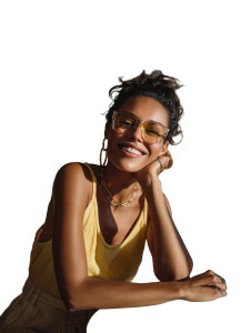 Cheerful Woman In Cafe Vinyl Car Decal Sticker – Waterproof & UV-Resistant 