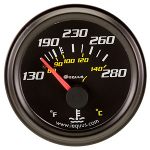 Equus 6000 Series Water Temperature Gauge | High Performance Mechanical Gauge 130-280 F | Black Face/Black Bezel/Orange Needle