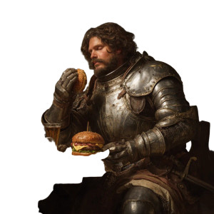 Knight Eating Cheeseburger Vinyl Car Decal Sticker – Waterproof & UV-Resistant 