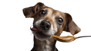 Dog Eating Peanut Butter Vinyl Car Decal Sticker – Waterproof & UV-Resistant 2.72"