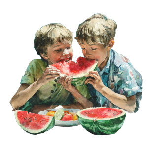 Boys Eating Watermelon Vinyl Car Decal Sticker – Waterproof & UV-Resistant 6.826666666666667"