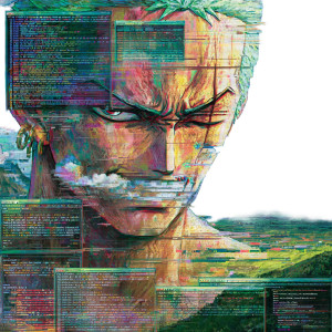 Glitched Cyber Zoro Vinyl Car Decal Sticker – Waterproof & UV-Resistant 3.4133333333333336"