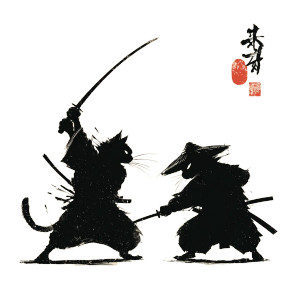 Cat Samurai Duel Vinyl Car Decal Sticker – Waterproof & UV-Resistant 6.826666666666667"