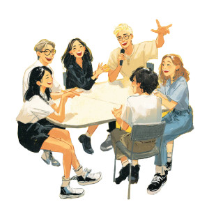 College Students Discussing Vinyl Car Decal Sticker – Waterproof & UV-Resistant 6.826666666666667"