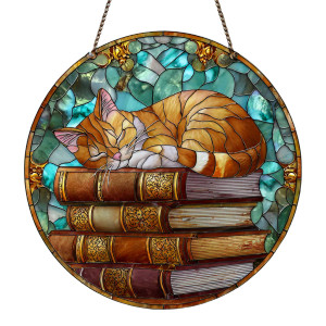 Sleeping Tabby Stained Glass Vinyl Car Decal Sticker – Waterproof & UV-Resistant 6.826666666666667"