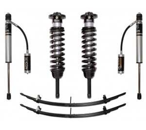 Fits 2005-2022 Toyota Tacoma Icon Vehicle Dynamics Lift Kit Suspension K53002 Stage 2; 0 To 3-1/2 Inch Front Lift; 1-1/2 Inch Rear Lift; Black Components/Silver Shock Absorbers; With Front Coil Over Mounts/Rear Add-A-Leaf/Installation Hardware