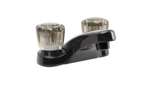 Upgrade lavatory with sleek black Dura Faucet | 4" Deck Mount, Arc Spout, Smoked Knob Handles