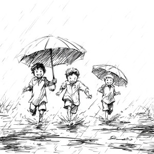 Kids Playing Monsoon Vinyl Car Decal Sticker – Waterproof & UV-Resistant 3.4133333333333336"