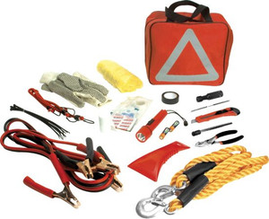 Performance Tool Emergency Kit | 8ft Jumper Cables, 2-Ton Tow Rope, Flashlight, Pliers & More | Integrated Reflective Triangle Case