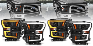 2x Superior Quality ANZO USA Headlight Assembly for 2015-2017 Ford F-150 | Projector Beam/Double Plank Style, White/Amber Daytime Running Light, SAE and DOT Compliant