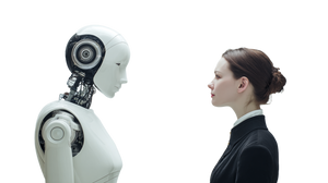 Woman Observing Robot Vinyl Car Decal Sticker – Waterproof & UV-Resistant 2.72"