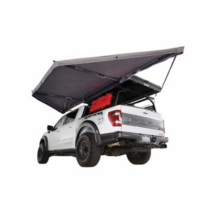 Overland Vehicle Systems Awning 19609917 Nomadic 180 LTE; Roof Rack Mounting; Manual; 197 Inch x 64 Inch; 59 Square Feet of Cover; Poly Cotton; Black; Includes Awning/Hardware/Stakes/Tension Straps/Ropes