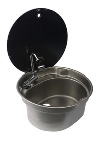 Stainless Steel Sink | Suburban Mfg 16" x 6" with Faucet | Fold Down Spigot, Flexible Hoses, Hot/Cold Adapters Stainless Steel Sink | Suburban Mfg 16" x 6" with Faucet | Fold Down Spigot, Flexible Hoses, Hot/Cold Adapters