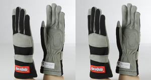 2x RaceQuip 351 Series Racing Gloves XL | High Grip Suede Leather Palm | Black/Gray Nomex Knit | SFI 3.3/1 Rated