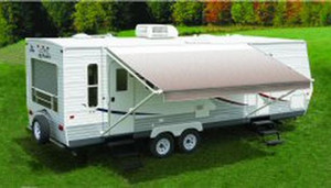 Carefree RV Fiesta Awning | 18ft x 8ft | Blue Shale Fade Vinyl | White Weather Cover | Spring Assisted | Economical