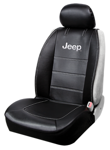 Plasticolor Seat Cover 008631R01 Deluxe; Low Back; Jeep Logo; Leather; Black With White Contrast Stitching; Single; With Head Rest And Back Cargo Pocket