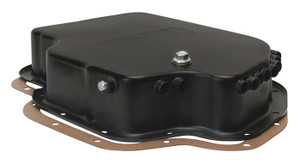 Derale Auto Trans Oil Pan 14201 GM Turbo 400; Extra 1 Quart 17 Ounce Capacity; Black; Steel; With Magnetic Drain Plug Derale Auto Trans Oil Pan 14201 GM Turbo 400; Extra 1 Quart 17 Ounce Capacity; Black; Steel; With Magnetic Drain Plug