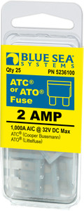 Blue Sea Fuse 5236100-BSS Blade Fuse; ATO/ATC; 2 Amps/32 Volts DC; Pack Of 25 Blue Sea Fuse 5236100-BSS Blade Fuse; ATO/ATC; 2 Amps/32 Volts DC; Pack Of 25
