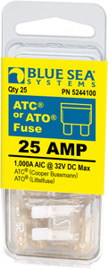 Blue Sea Fuse 5244100-BSS Blade Fuse; ATO/ATC; 25 Amps/32 Volts DC; Pack Of 25 Blue Sea Fuse 5244100-BSS Blade Fuse; ATO/ATC; 25 Amps/32 Volts DC; Pack Of 25