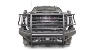 Fab Fours Bumper GM24-Q6260-1 Elite; One Piece Design; Direct Fit; Mounting Hardware Included; With Grille Guard; With Bolt-On Tow Hooks; Powder Coated Matte Black Steel; With Parking Sensor Cutouts
