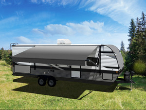 Velarium Awning VR18003000A Patio Awning; Electric; 18 Foot Length x 8 Foot Extension; Charcoal Reverse Fade; Vinyl; Without Weather Cover; Black Casting; Adjustable Pitch; With LED Light Velarium Awning VR18003000A Patio Awning; Electric; 18 Foot Length x 8 Foot Extension; Charcoal Reverse Fade; Vinyl; Without Weather Cover; Black Casting; Adjustable Pitch; With LED Light