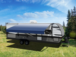 Velarium Awning VR16004000A Patio Awning; Electric; 16 Foot Length x 8 Foot Extension; Slate Blue Fade; Vinyl; Without Weather Cover; Black Casting; Adjustable Pitch; With LED Light Velarium Awning VR16004000A Patio Awning; Electric; 16 Foot Length x 8 Foot Extension; Slate Blue Fade; Vinyl; Without Weather Cover; Black Casting; Adjustable Pitch; With LED Light